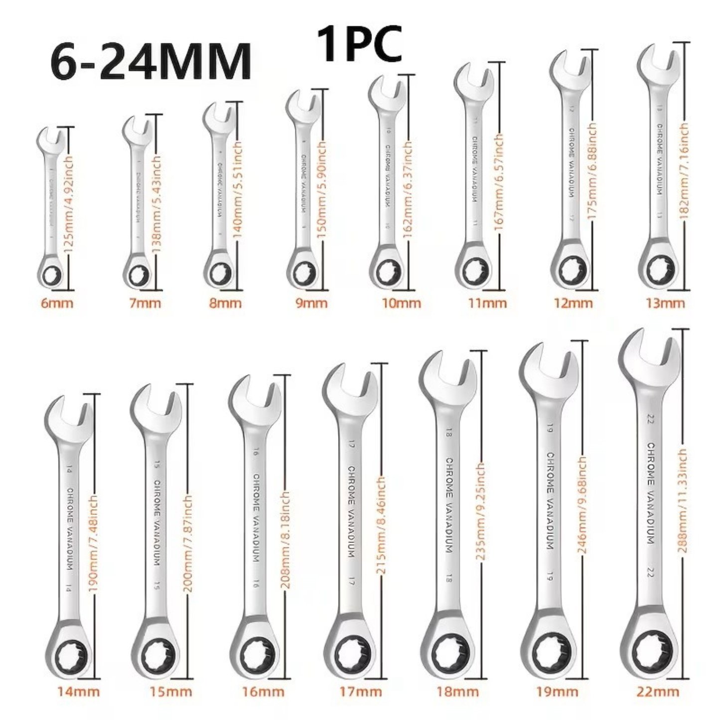 Durable Ratchet Wrench, 72-Tooth 6-24mm