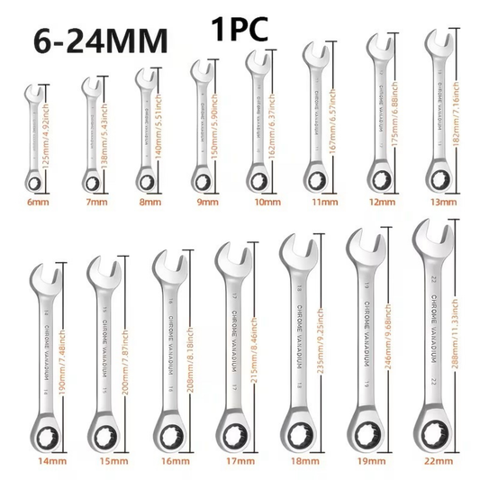 Durable Ratchet Wrench, 72-Tooth 6-24mm